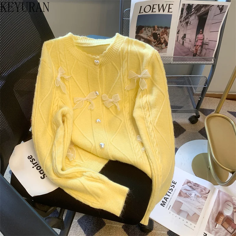 Yellow Bow Sweater Women Vintage 2024 Spring Autumn O-Neck Long Sleeve Knitted Cardigan Coat Korean Fashion Female Knitwear Tops