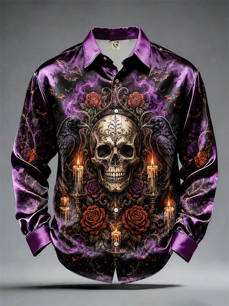 Men's Autumn Halloween Fashion Shirt Long-Sleeve Shirt with Spooky Skull Print Collar and Button-Down Design Festive Party Top