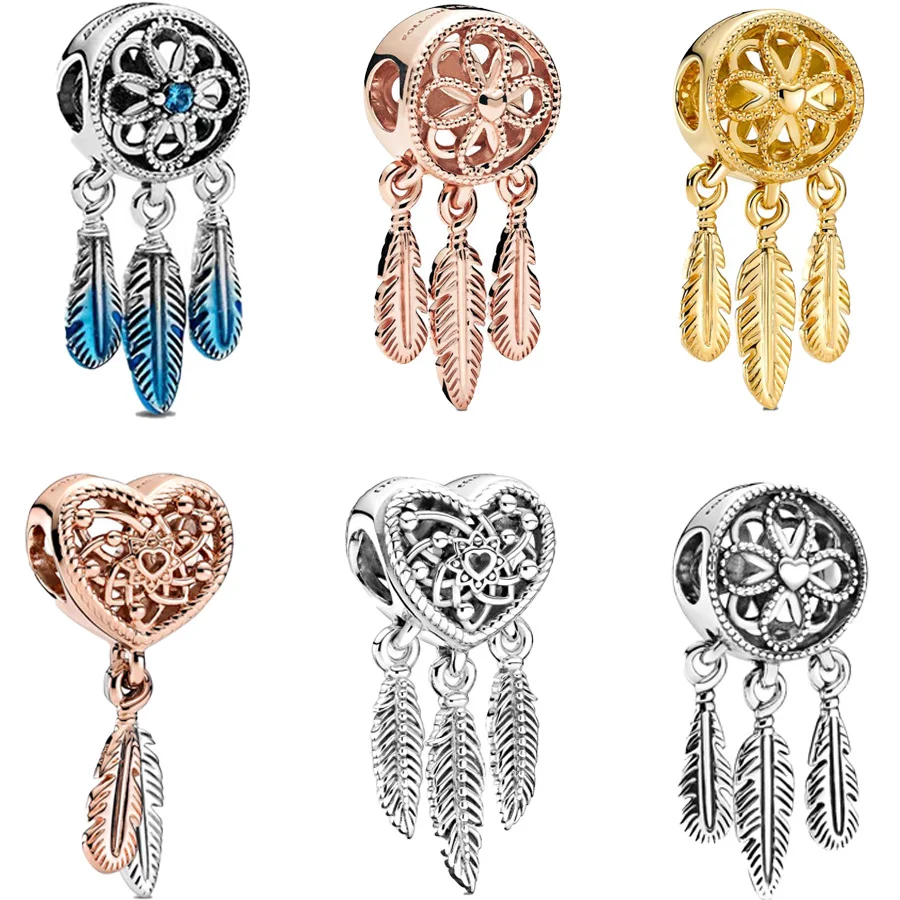 Hot Sale Rose Gold Plated Spiritual Dreamcatcher &Three Feathers Angel Charm Fit Original European Silver 925 Bracelet Jewelry