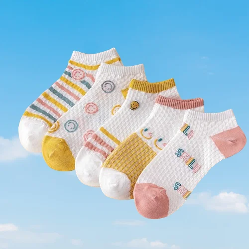 5 Pairs Women's Fashion Cotton Short Socks Shallow Mouthed Casual Matching Short Tube Socks Smiling Face Letter Pattern Socks