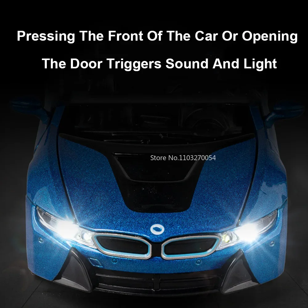 1:32 Scale BMW I8 Alloy Sports Model Miniature Car Toy Diecast Metal 4 Doors Opened Sound Light Vehicles for Child Birthday Gift