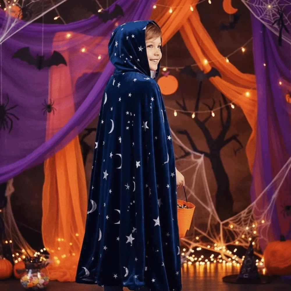 Tie Up Closure Velvet Hooded Cloak Soft Fabric Foil Printed Star Moon Cape Rich Texture Flowy Drape Costume Robe Wicca Lovers