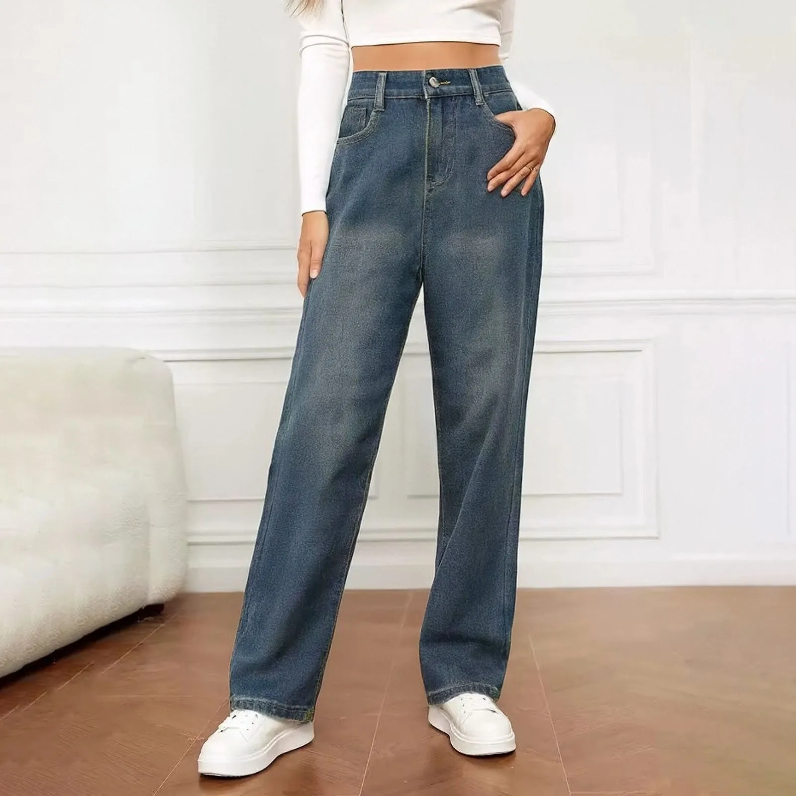 Women Fashion Solid Loose Button Pant Pocket Washed Polished Waist Ripped Jeans Trousers Denim Pants For Women