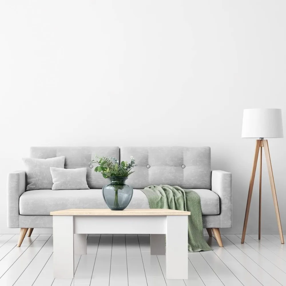 Online، Mesa Centro Elevable، Mesita de Salón Comedor، Acabado en Color Blanco con Tapa Cambria، Medidas، 90 سم (Ancho) 50 سم (F) #2