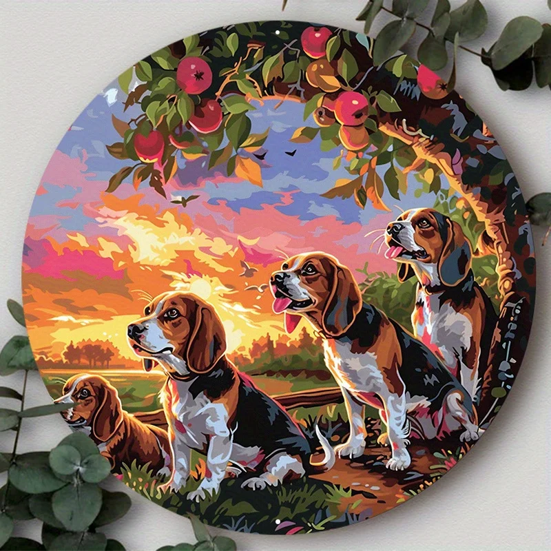 

Aluminum Dog-Themed Metal Sign Wall Art - Waterproof, Pre-Drilled, Weather-Resistant, Circular Decor with Beagle Dogs for Home