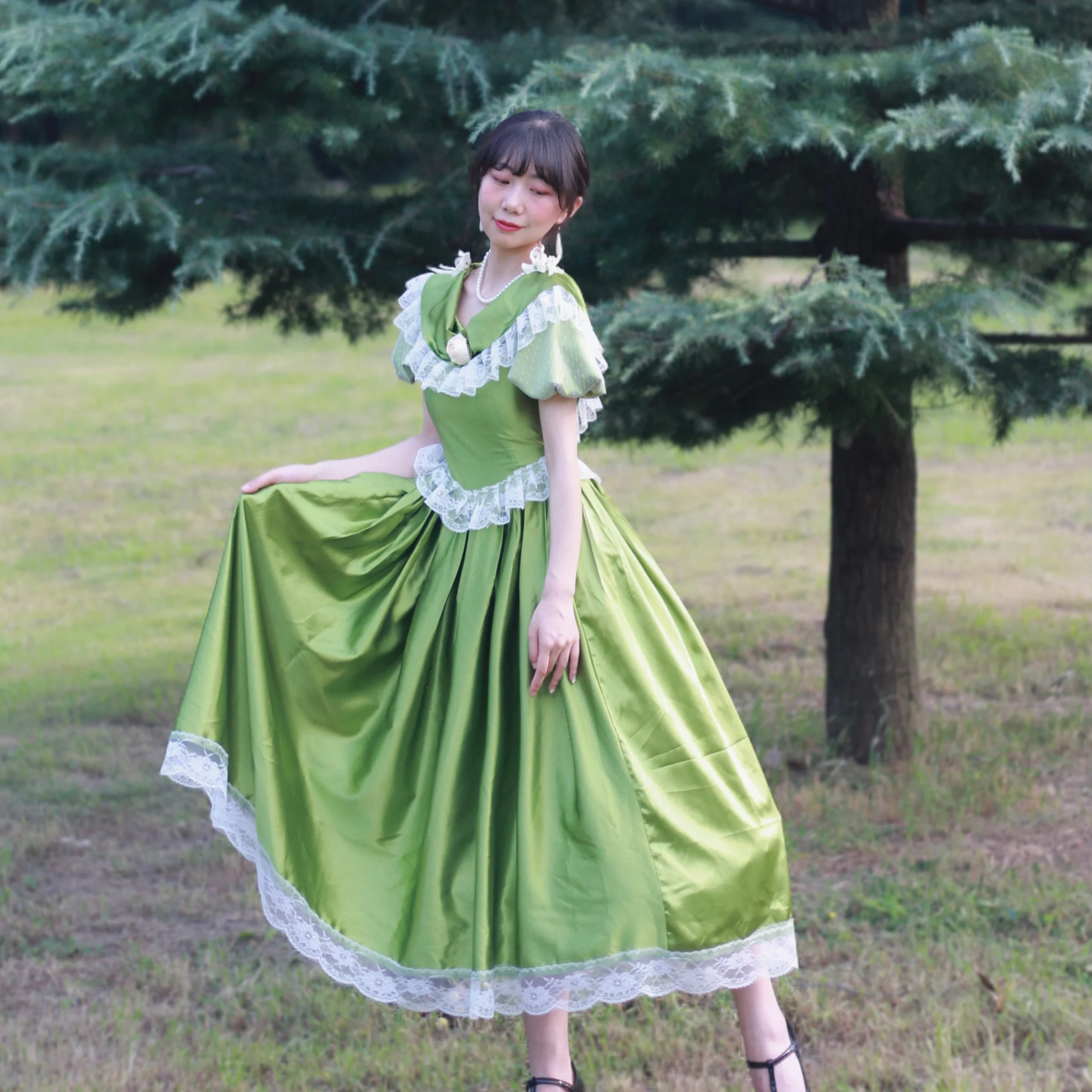 

TIYIHAILEY Summer Women Satin Dress Short Puff Sleeve Long Mid-Calf Ladies High Waist V-Neck Lace Patchwork Flowers Green Dress