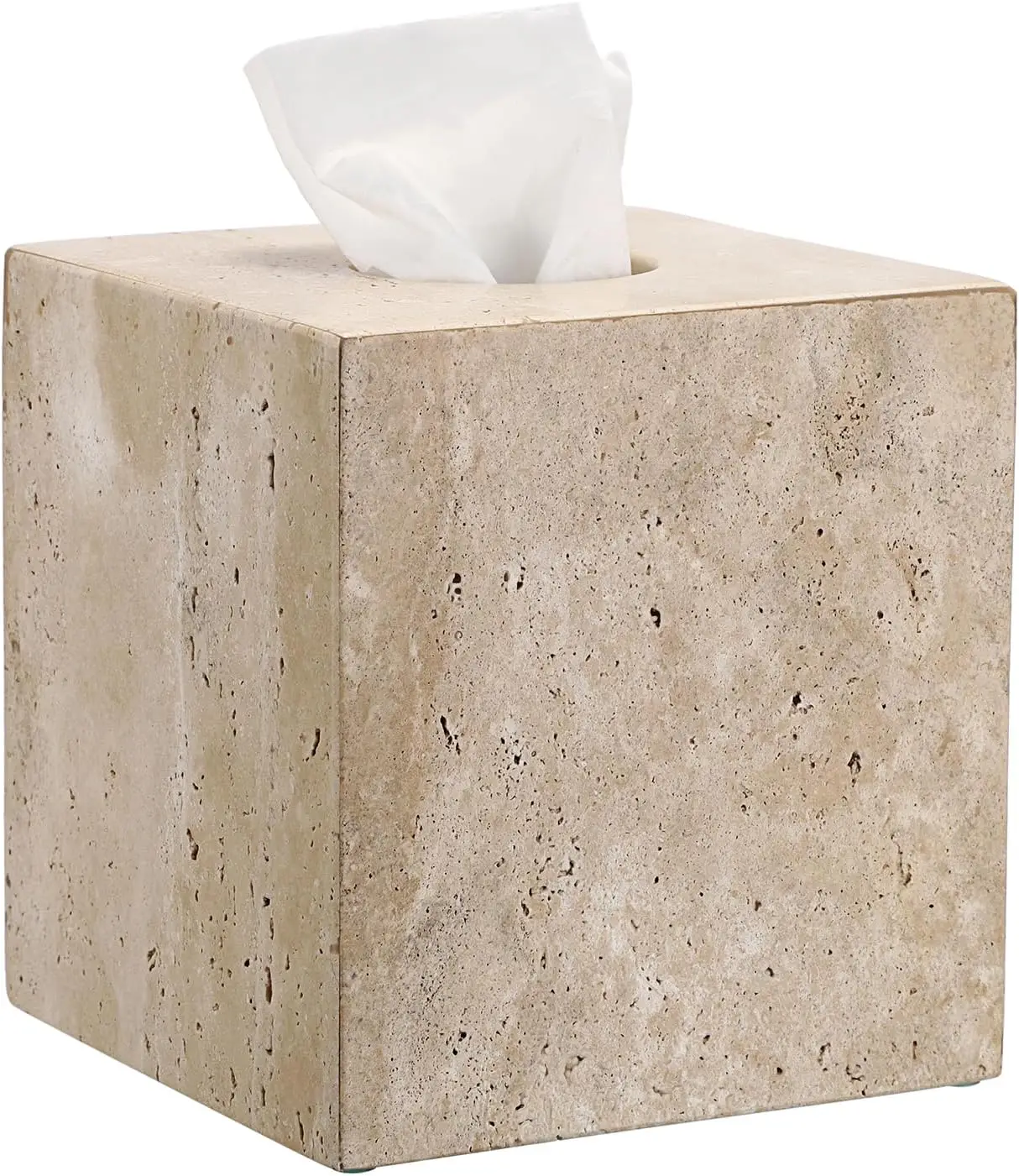 

Natural Travertine Tissue Box Cover with Pads, Heavy Duty Stone Holder for Bathroom Kitchen Bedroom Living Room, Light Beige