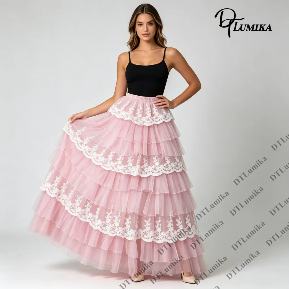 Tiered Elastic Waist Lace Tulle Maxi Skirt for Women A Line Long Formal Evening Prom Party Wedding Skirts Customized Size