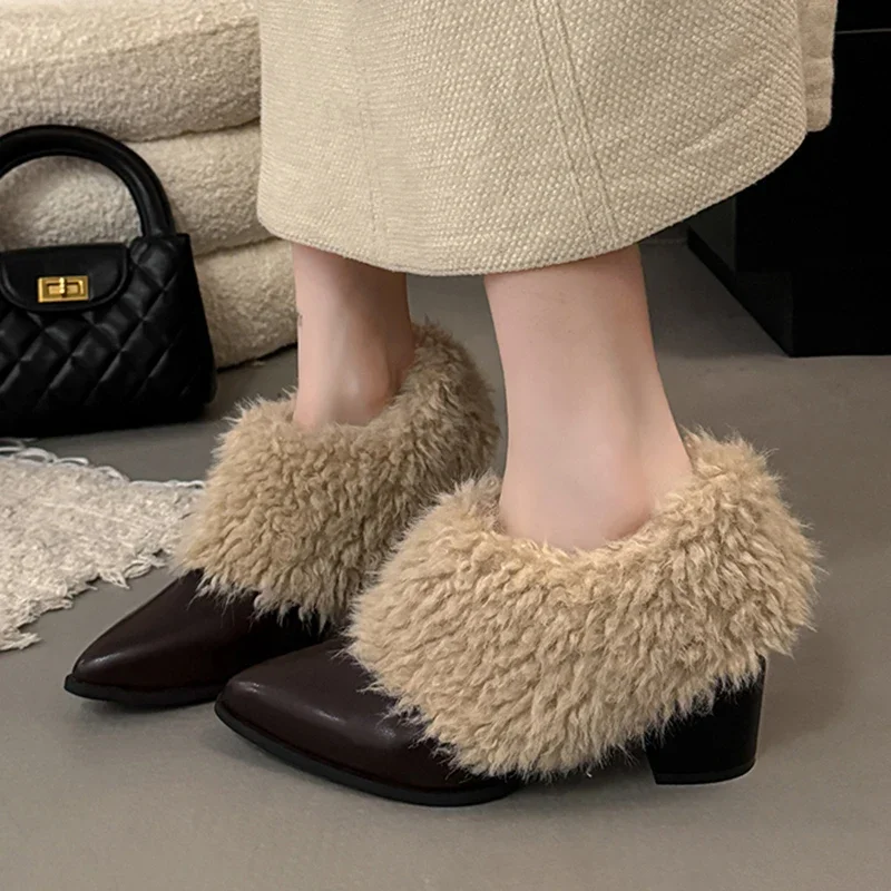 

Winter Warm Fluffy Fur Ankle Boots for Women Brand Designer Plush Short Boots Fashion Elegant Thick Heel Women Shoes Botas Mujer