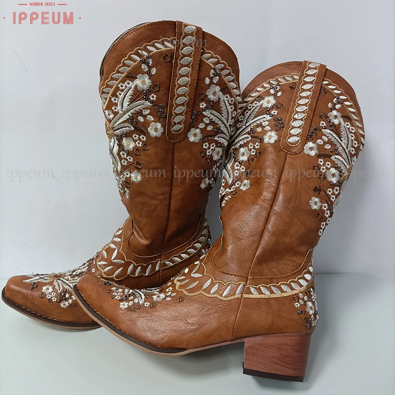 IPPEUM Bota Texana Country Feminina Embroidered Mid Calf Cowgirl Western Shoes Brown Cowboy Boots Womens