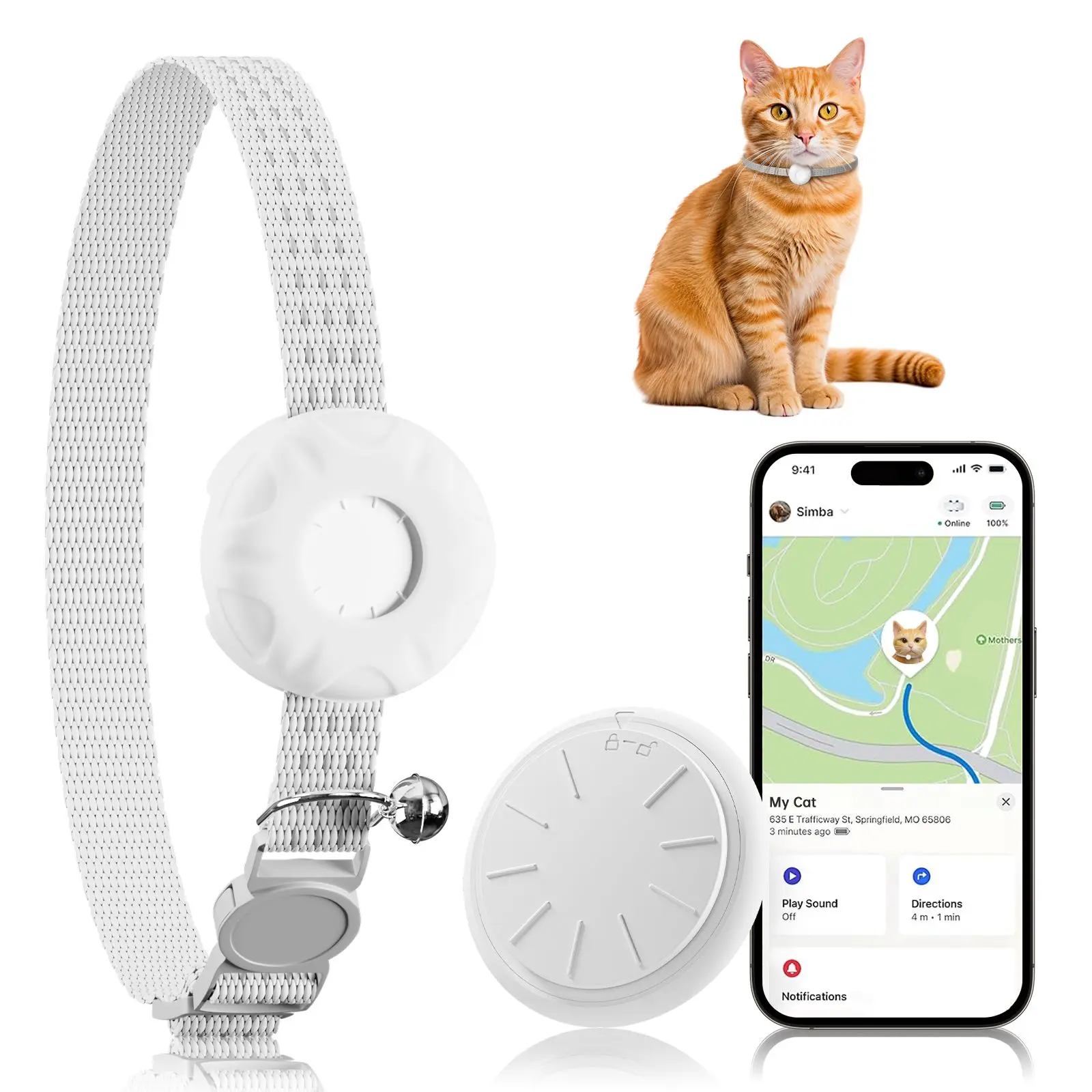 

Cat chain tracker pet cat real-time positioning GPS anti loss device White safety elastic buckle waterproof tracker (IOS only)