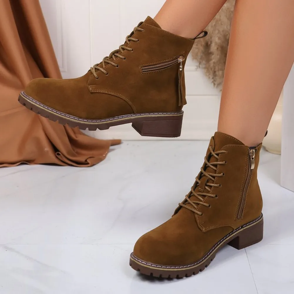 

2025 Autumn Winter New Retro Short Boots Round Head Solid Color Simple Side Zipper Versatile Anti Slip Women's Shoes Large Size