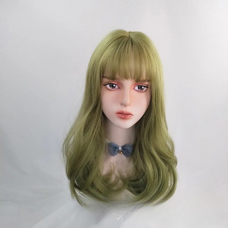 

Popular green long curly hair trim fashionable Japanese and Korean air bangs realistic big scalp full hair cover
