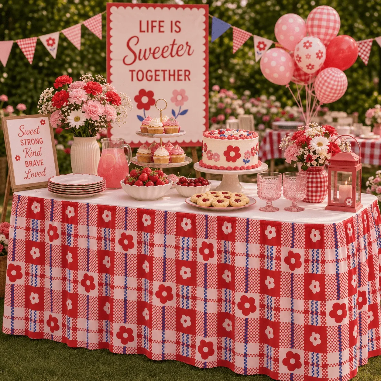 Table skirt: 1 piece. 2D flat printing. Featuring small red flowers in a red pattern. Retro and bright country style.