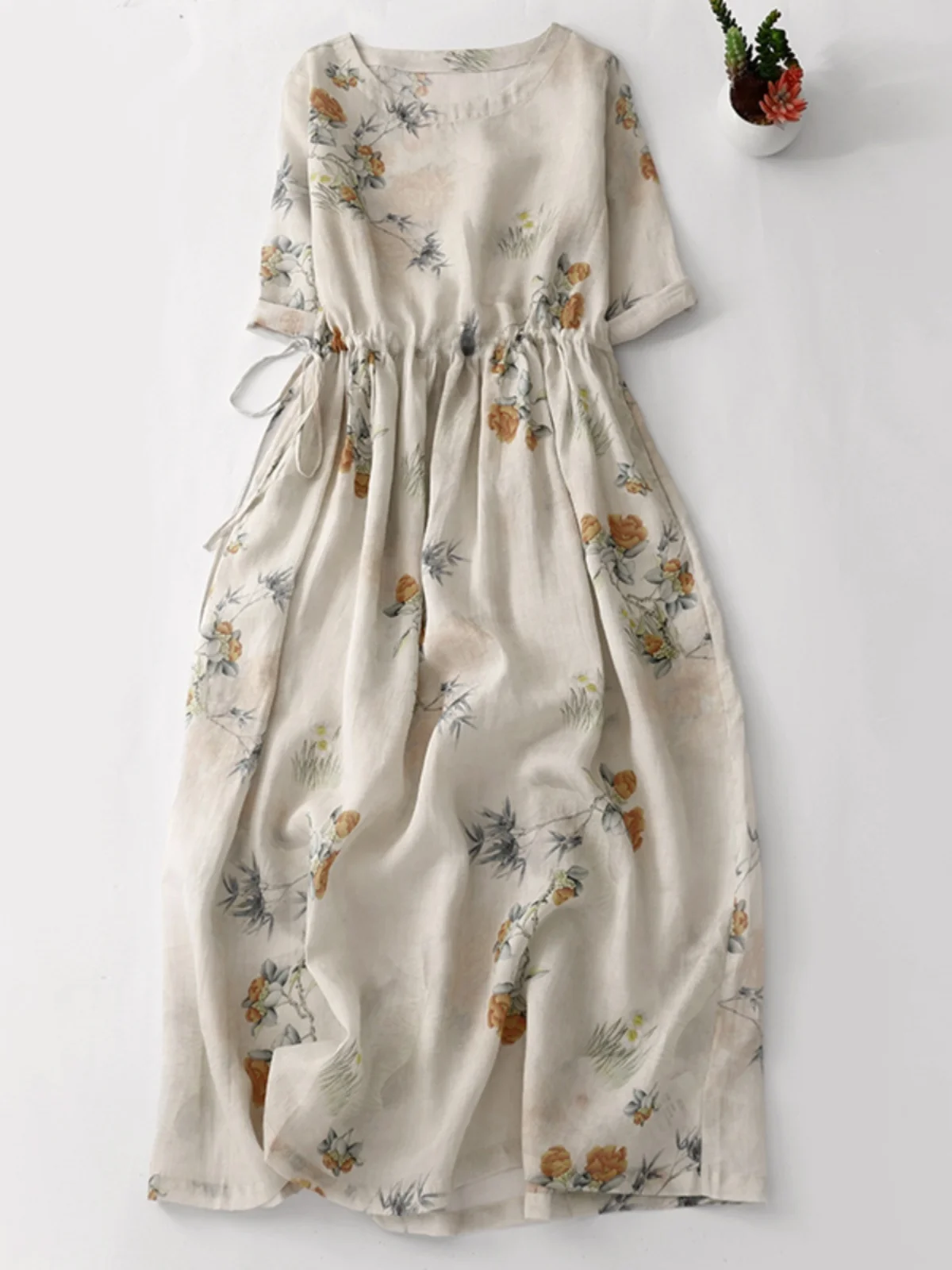 

Summer Women's Printed Cotton Sari Dress Waist-Cinching Holiday Travel Long Knee-Length Dress Sweet Loose Fit Short Sleeve