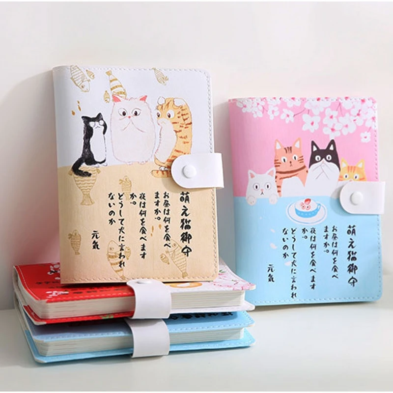 Cute Kawaii Leather A6 Cat Notebook Japanese Color Page Sketchbook Graffiti Diary Planner Student Filofax Notepad Gifts Supplies