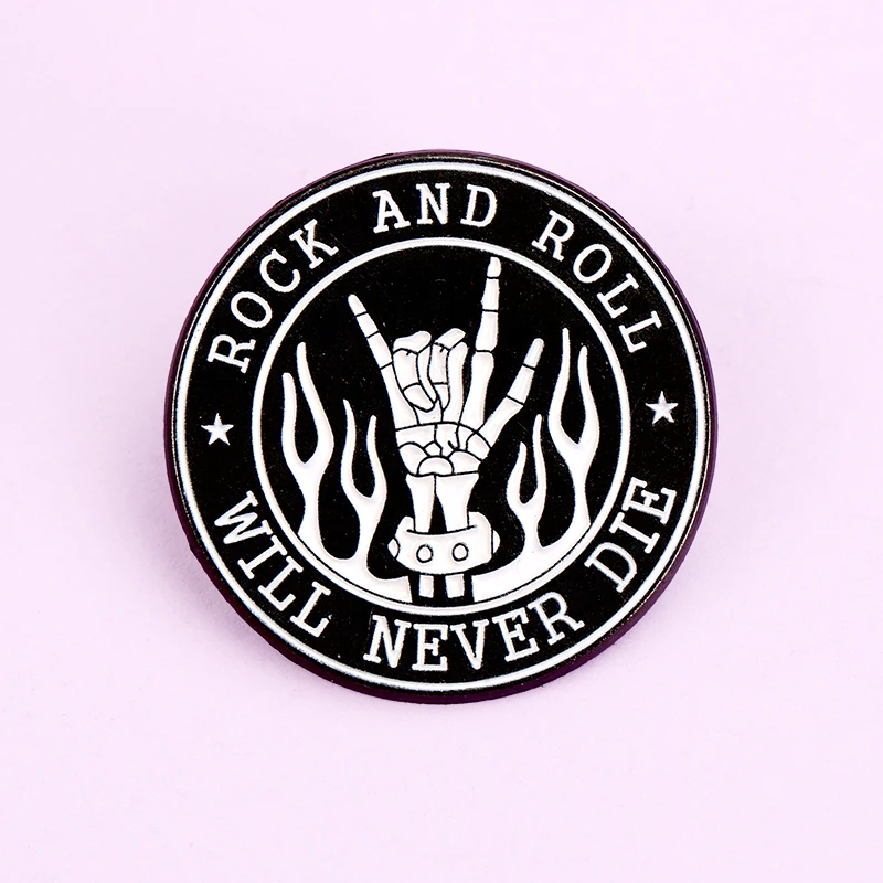 Punk Skull Hand Gesture Letters ROCK AND ROLL WILL NEVER DIE Enamel Metal Brooch Badge Backpack Clothing Pin Gift for Kids