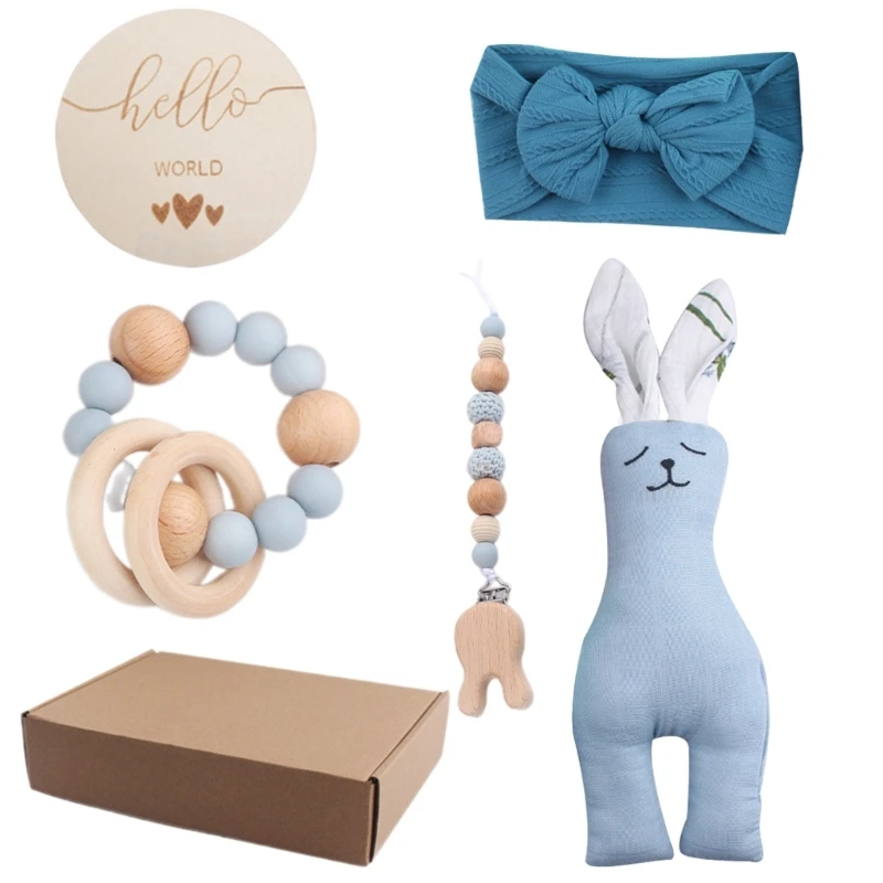 Baby Ätherisches Schnuller Kette Bowknot Kopf Wrap Beißring Perle Beruhigende Holz Karte Set Geburtstag Geschenk Spielzeug