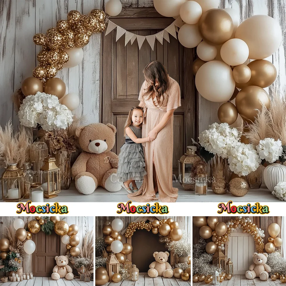 

Mocsicka Baby Bear Show Backdrop Photography Brown Arch Balloon Wall Candle Background Kids Birthday Cake Smash Photo Studio