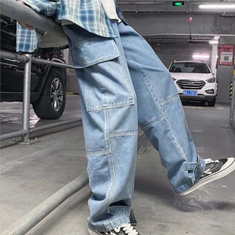 Calças de brim de carga dos homens soltos em linha reta baggy calças de esfregar hip hop streetwear skate neutro denim perna larga calças jeans