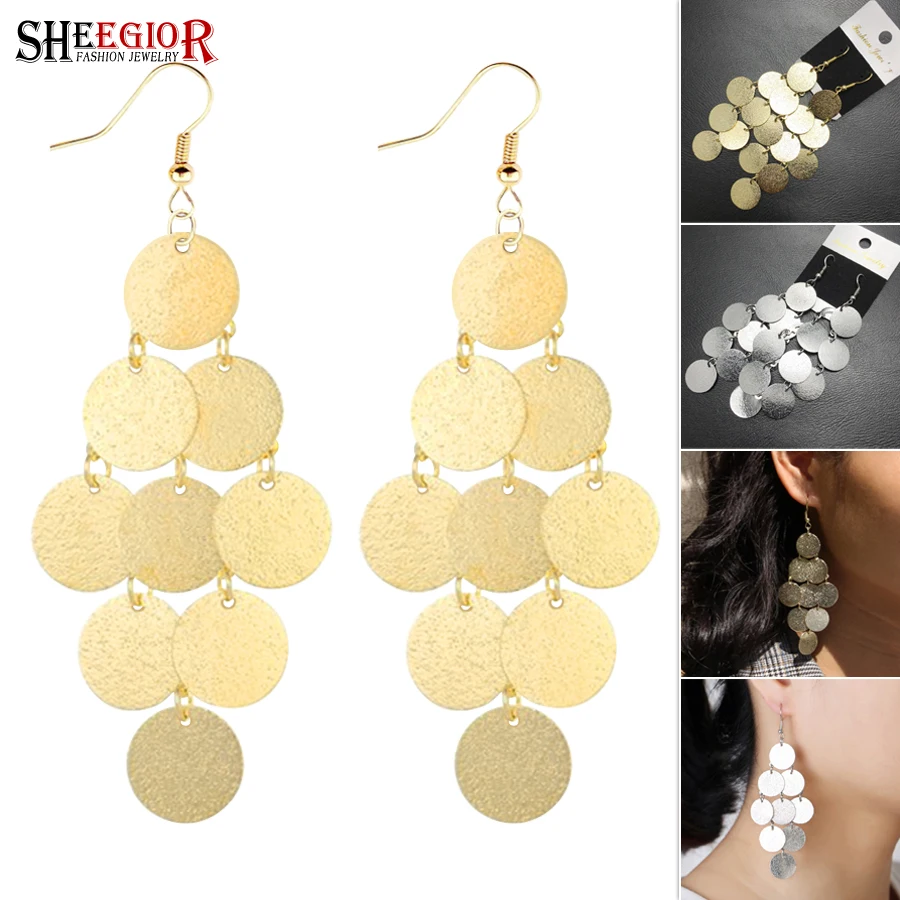 Simple Layered Round Dangle Long Earrings for Women Accessories Love Scrub Wafer Drop Earring Fashion Ornaments Friendship Gifts