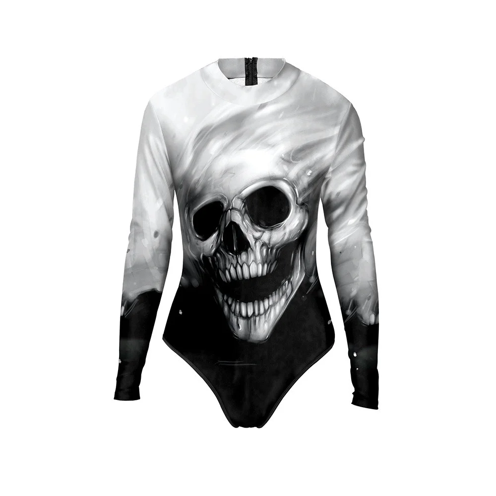 

Cosplay Skull Roleplay Print Women One-Piece Swimsuit Summer Casual Long Sleeve Beachwear Bathing Suit Sexy Tight Swimwear