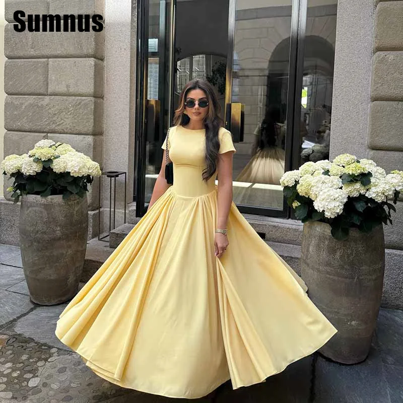 

Sumnus Simple A-Line Yellow Prom Dress O-Neck Draped Party Dresses Ankle Length Evening Dress robes de soirée Customized