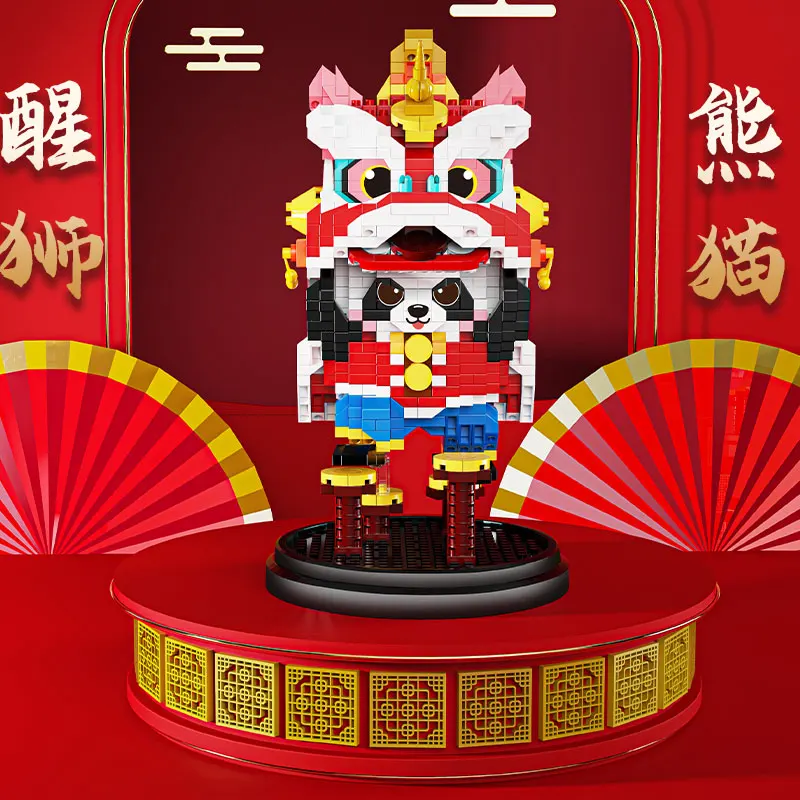 Festivais tradicionais chineses dança do leão panda dança dragão panda modelo blocos de construção presentes micro tijolos quebra-cabeça brinquedo para crianças