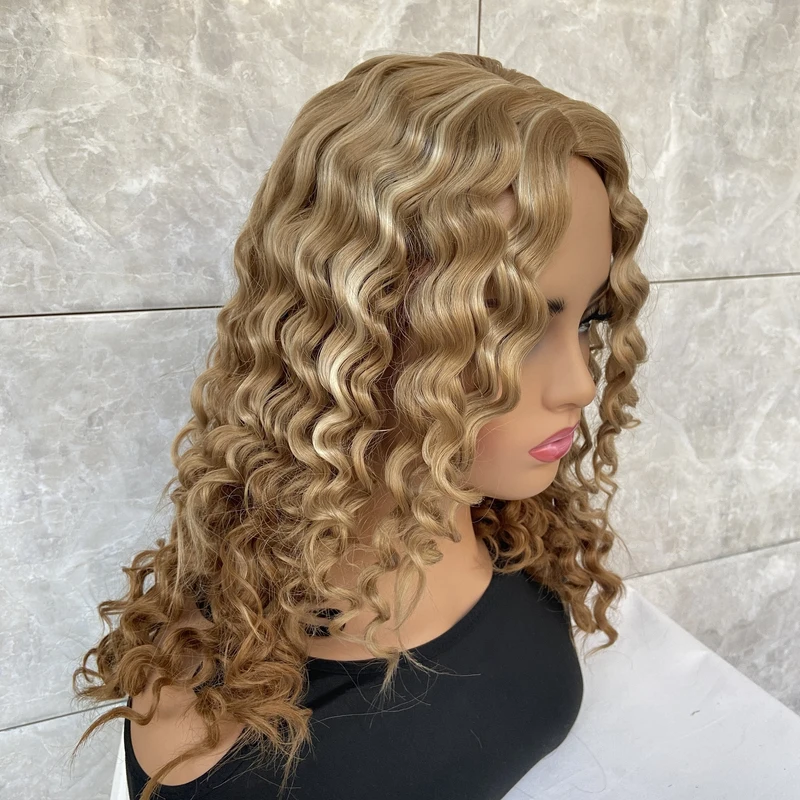 Fashiomag Hot Sale Afro Curly Brown Blonde Mix Synthetic Hair Wigs Middle Part