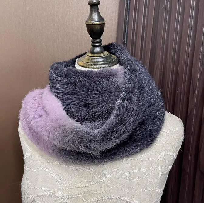 أومبير اللون حقيقية فرو المنك وشاح للنساء الدافئة محبوك إنفينيتي حلقة دائرة الشتاء الإكسسوارات #6