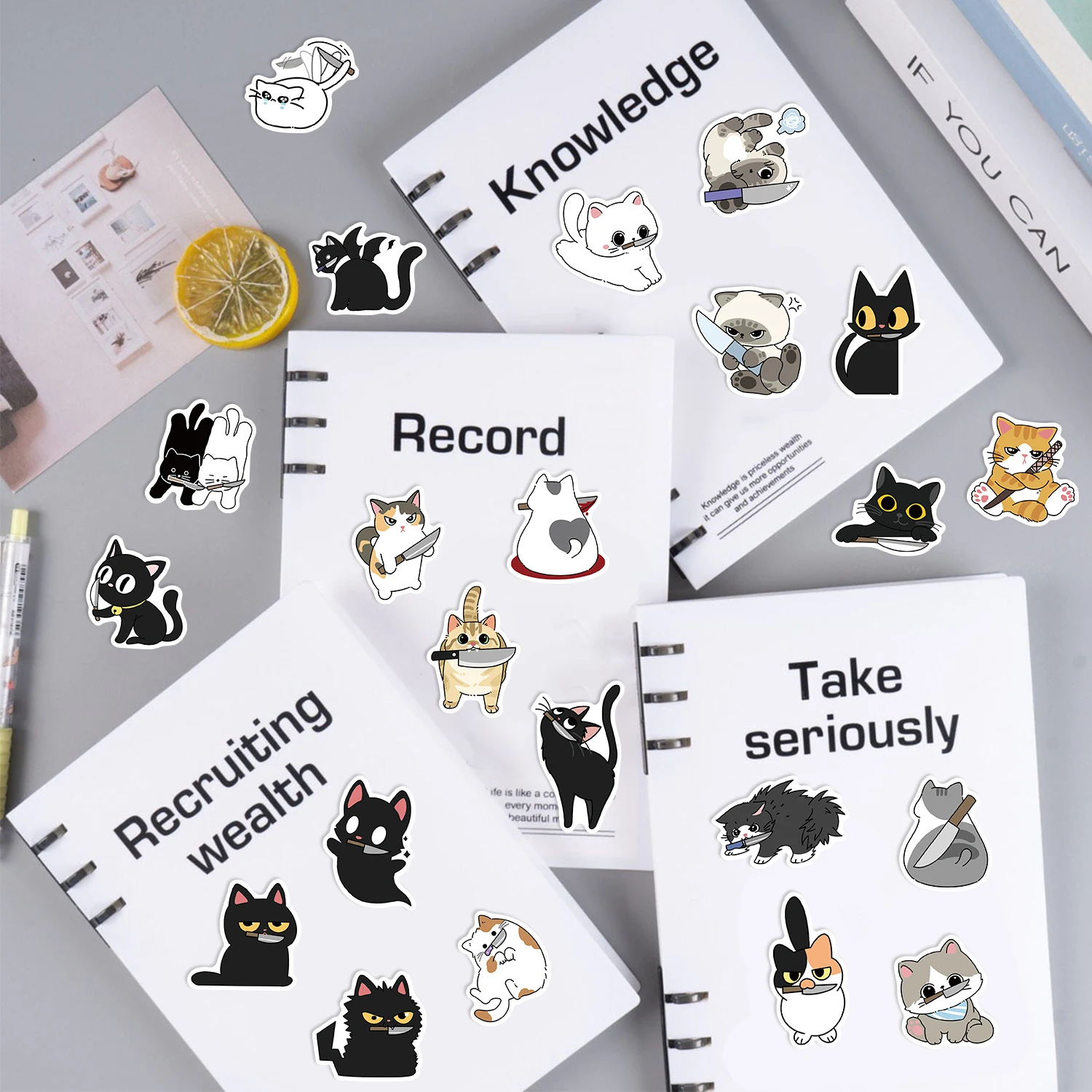 50PCS Funny Kitten Holding a Knife Sticker Aesthetic PVC Decoration Scrapbooking Supplies Cat Animals Stickers