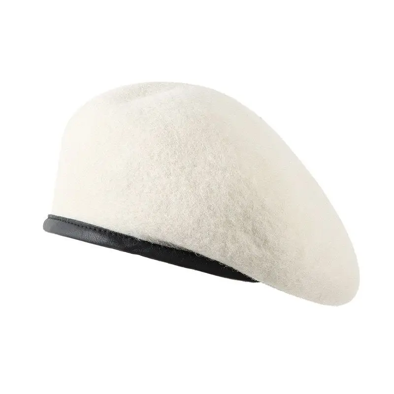 Beret Hat Autumn Winter Women Warm Everything With Solid Color High Quality Pu Leather Border Wool Painter Hat