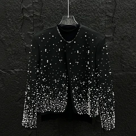 Pearl Studded High-end Shiny Short Style Jacket Man Fashion Padded Shoulder Rhinestone Beaded Coat Outerwear