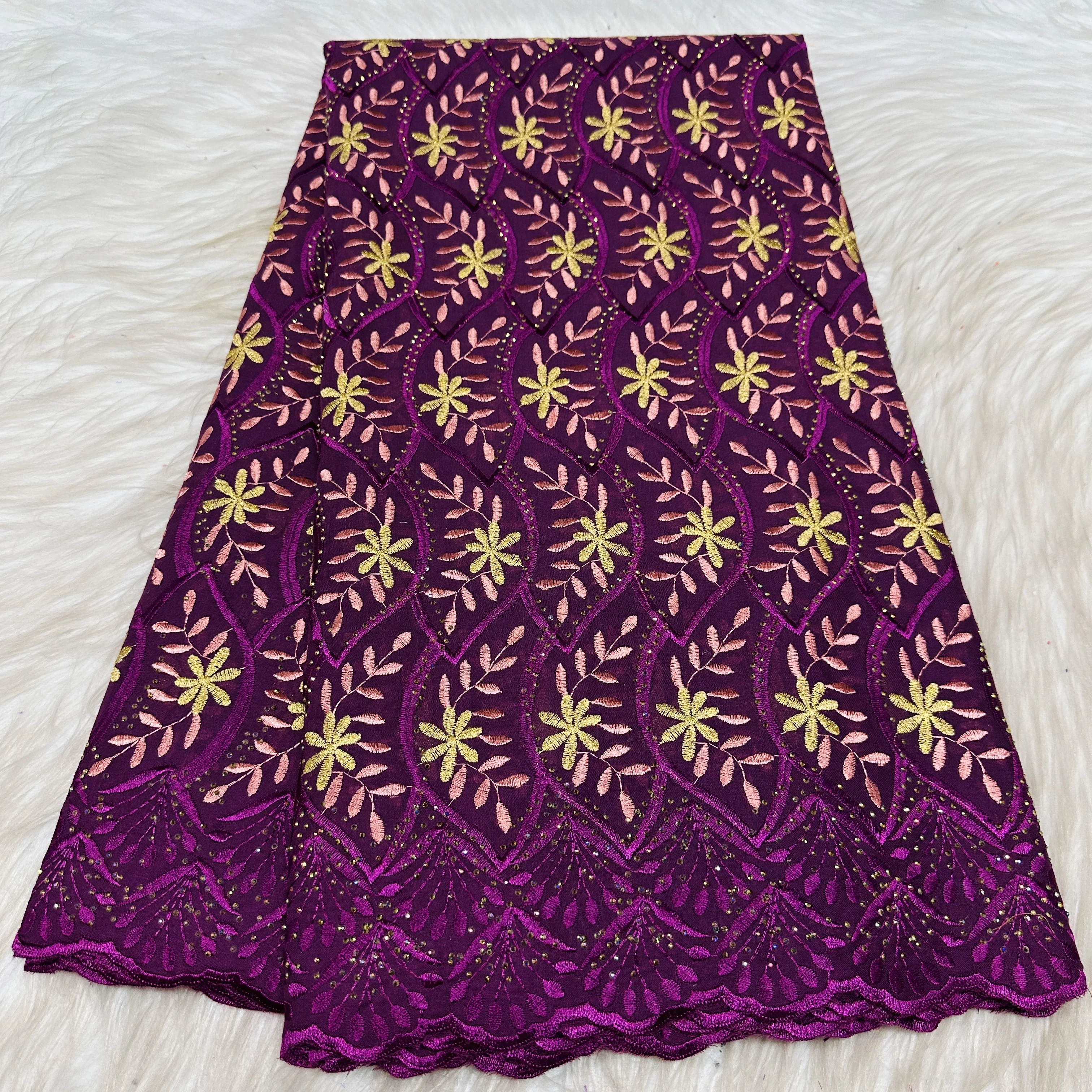 

White Gold Color Series 5Yards African 100% Cotton Lace Fabric High Quality Swiss Voile Dry Lace With Stones For Clothing Sew
