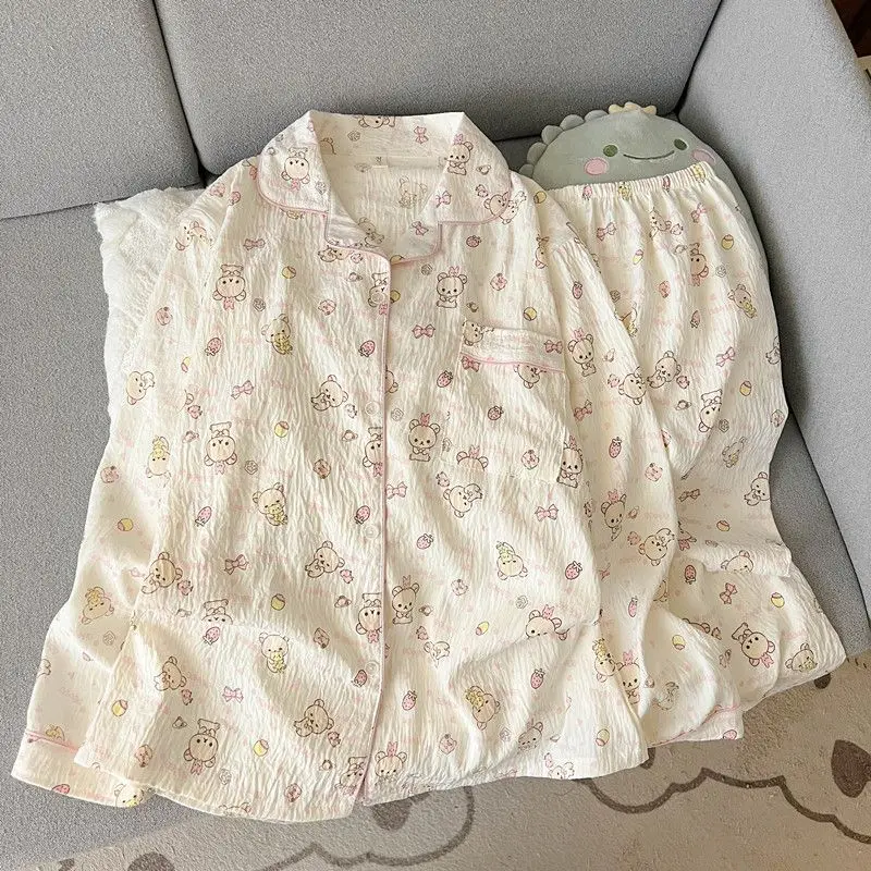 

Kawaii Rilakkuma Spring Autumn Sleepwear Cotton Cute Cartoon Anime Student Leisure Home Clothes Two Piece Set Girls Gifts Toys