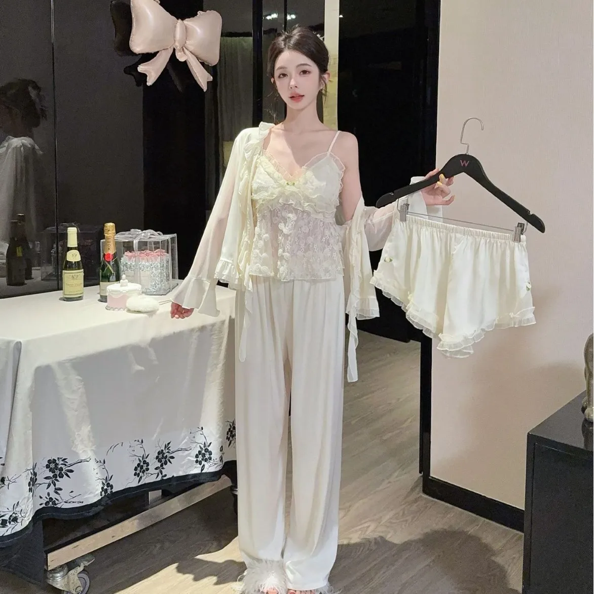 الصيف النساء 4 قطعة منامة مجموعة ملابس المنزل مثير الدانتيل قميص السراويل كامي السراويل منامة دعوى فضفاضة حريري الساتان ملابس خاصة Homewear