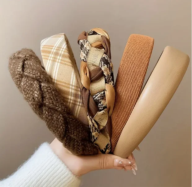 Vintage Elastic Headbands for Women Plaid Sponge Headband Wide Side Hairband Autumn and Winter Female Hair Accessories