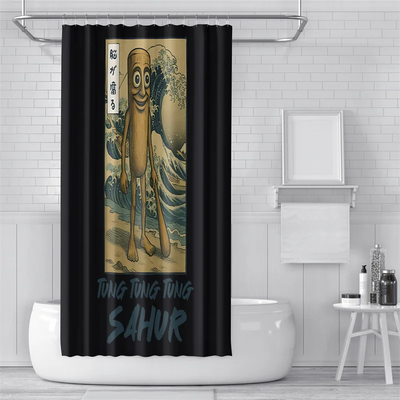 Aertemisi Tung Tung Tung Sahur Ukiyo-e Japanese Style Shower Curtain Set with Grommets and Hooks for Bathroom Decor