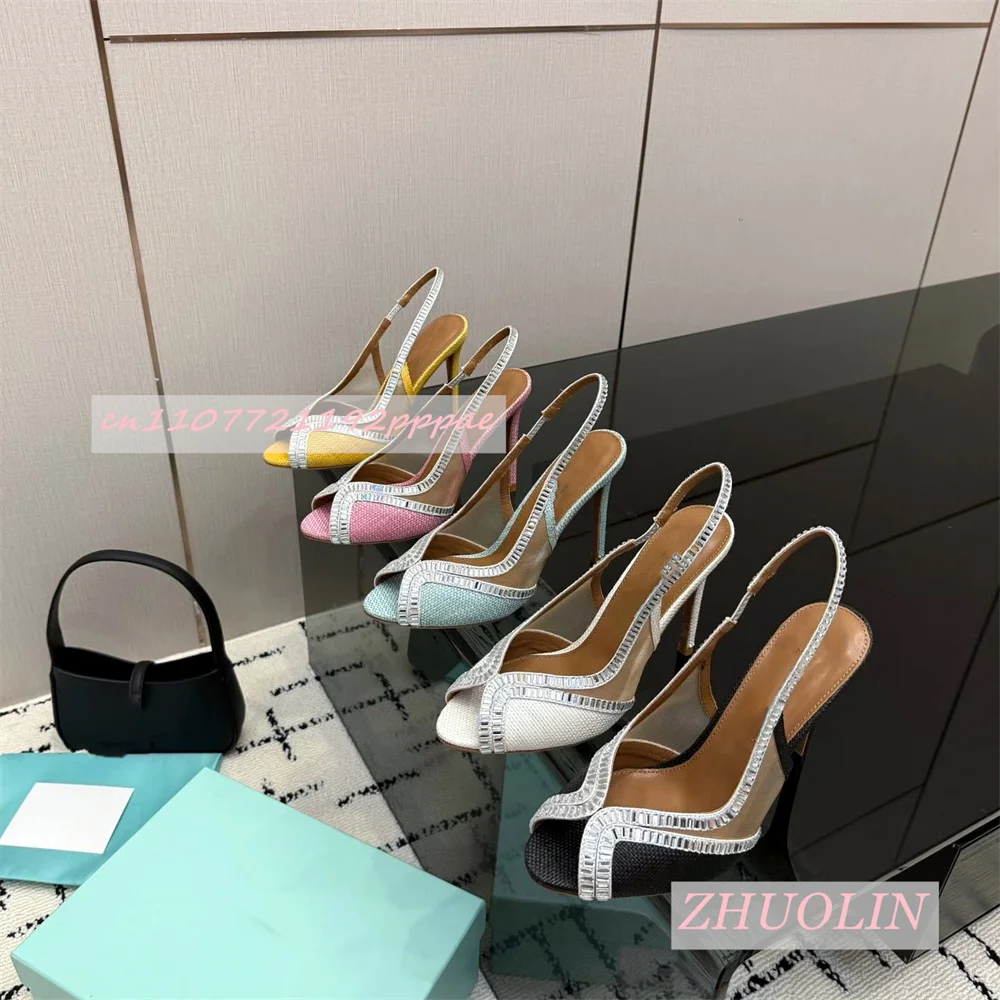 Luxury Genuine Leather High Heel Sandals Women Woven Rhinestone Trim Open Toe Thin Stiletto Elegant Wedding Summer Dress Shoes view 2