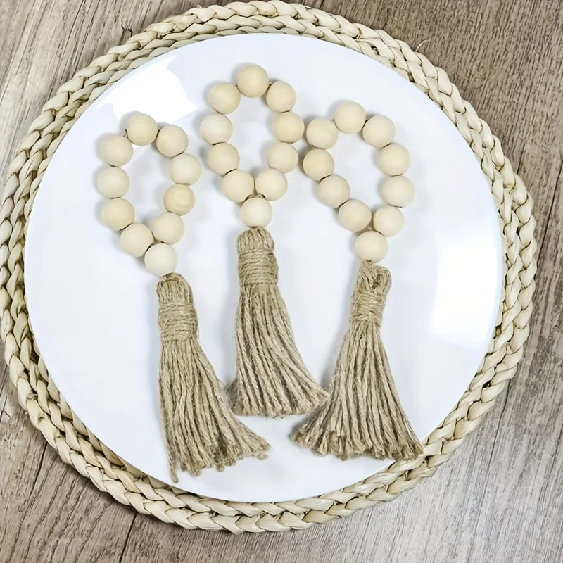 

6pcs European American Pastoral Style Wood Bead Fringe Napkin Ring Napkin Buckle Pure Hand-woven Twine Mouth Ring