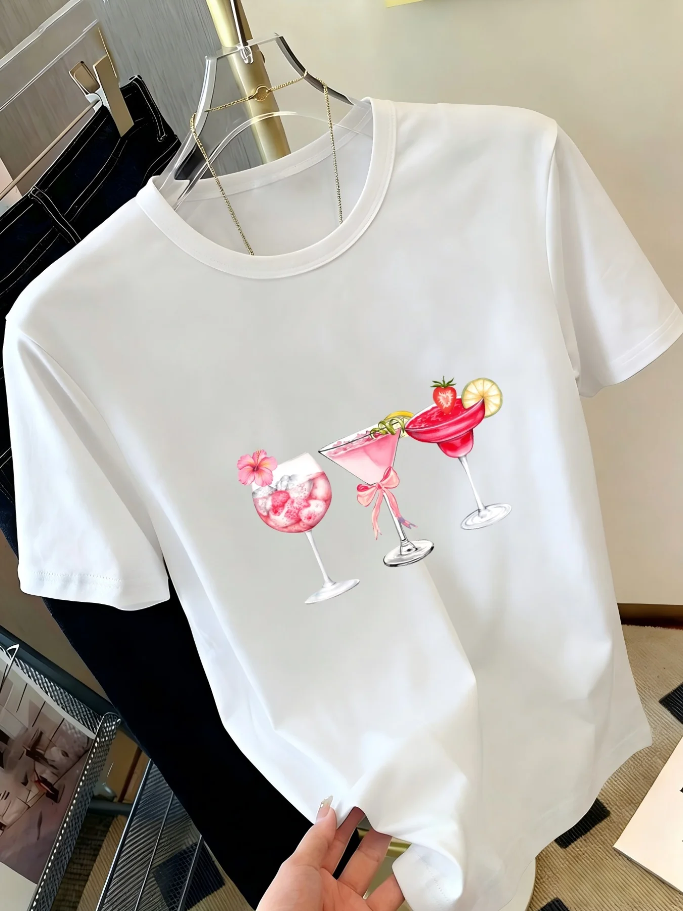 Summer Drinks Print Fresh Vitality Design Pattern Print Casual Daily Round Neck Short Sleeve Fashion Style T-Shirt Comfortable