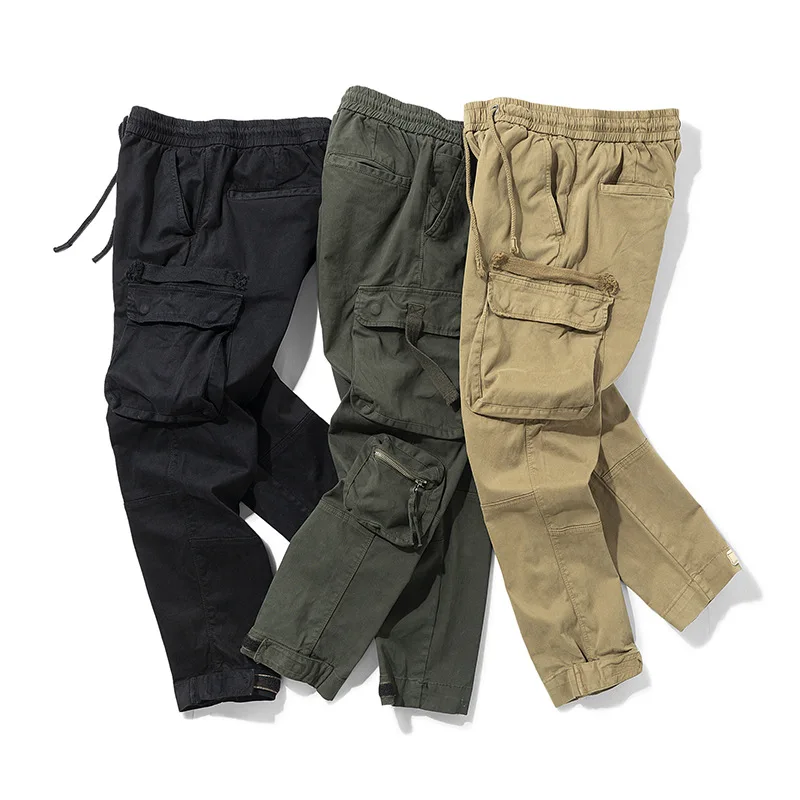2025 Men's Autumn Thickened Pure Cotton Workwear Cargo Pants Slim Fit Tapered Streetwear Hip Hop Washed Casual Trousers