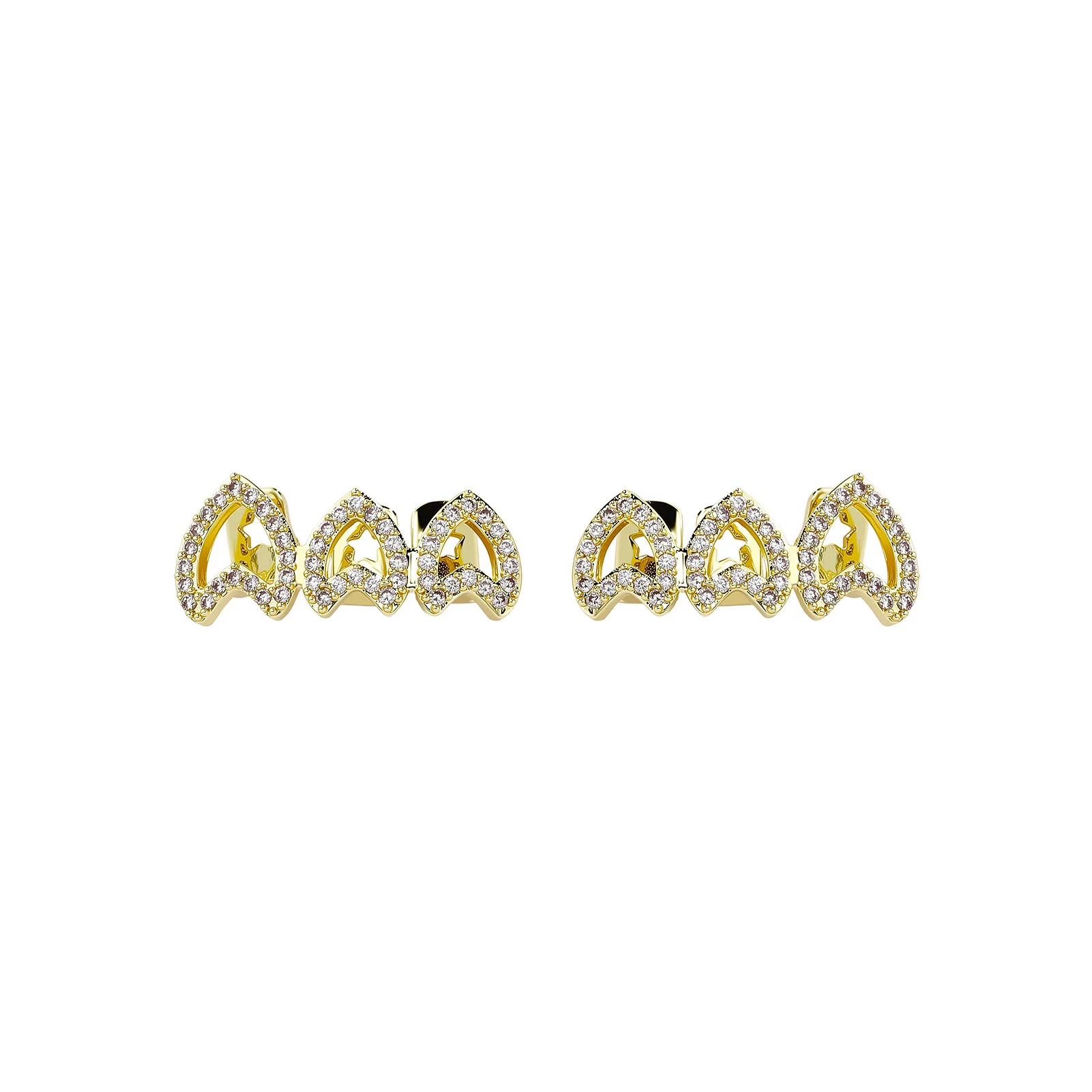 Double Heart Grillz Top Bottom Set Micro Pave CZ Diamond Hollow Gold Copper Hip Hop Rapper Teeth Grills Wholesale Jewelry
