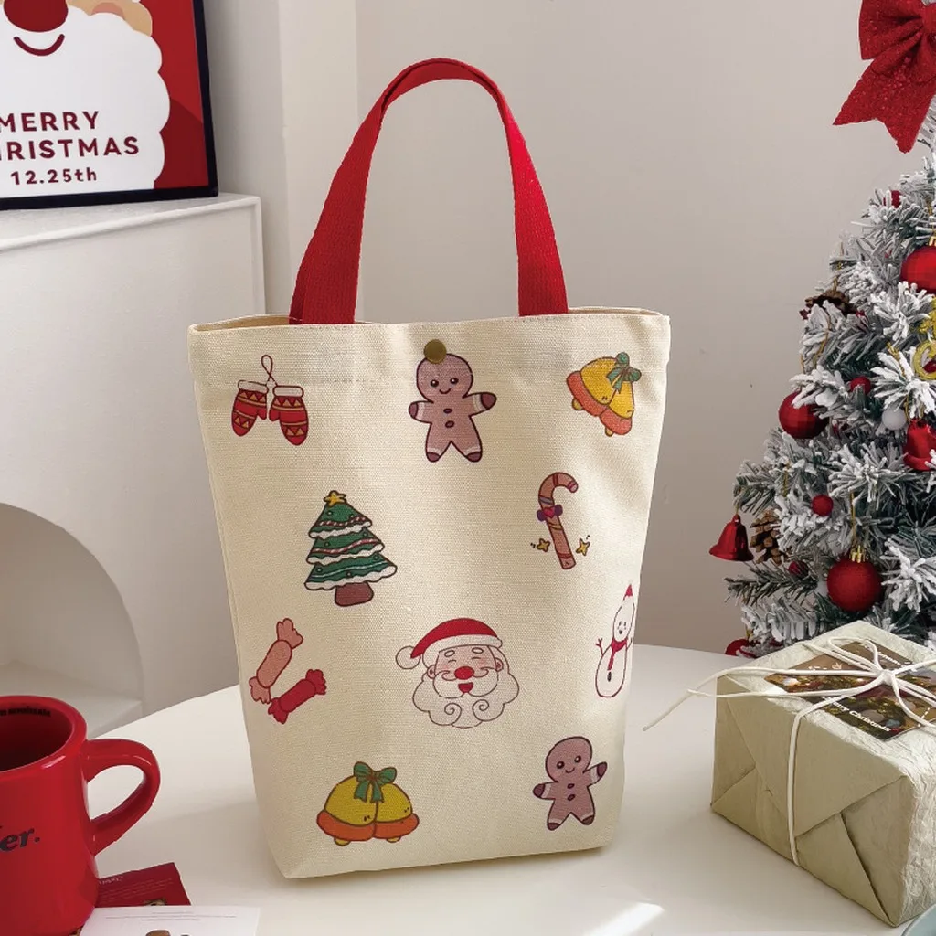 Santa Claus Pattern Bag  Printed Shopping Bag Christmas Tree Pattern Bag Polyester Cotton Canvas For  Packaging