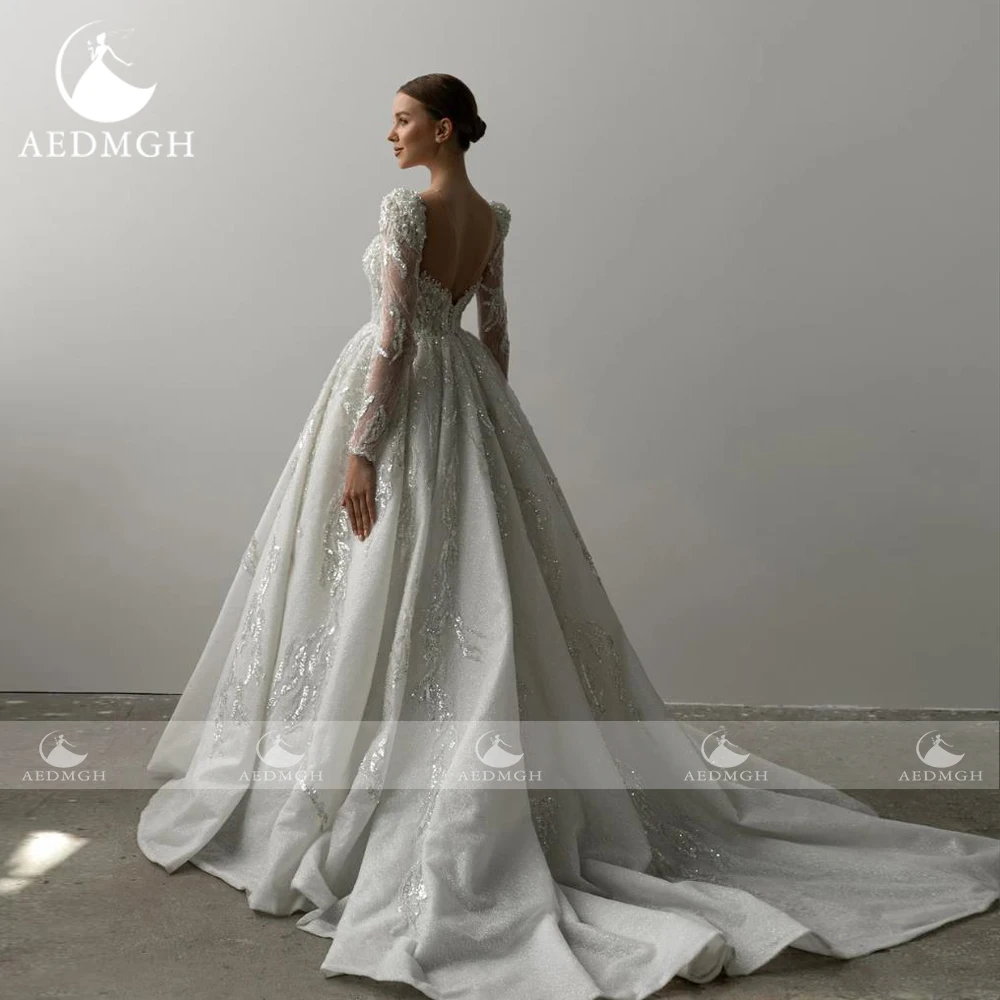 Aedmgh A-Line Sparkly Wedding Dresses 2024 Boat Neck Long Sleeve Vestido De Novia Lace Embroidery Exquisite Robe De Mariee