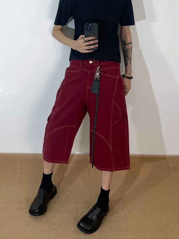 

Ретро-джинсы в американском стиле с деконструированным дизайном, унисекс, модные красные, в рабочем стиле, длиной 7/8, прямого кроя