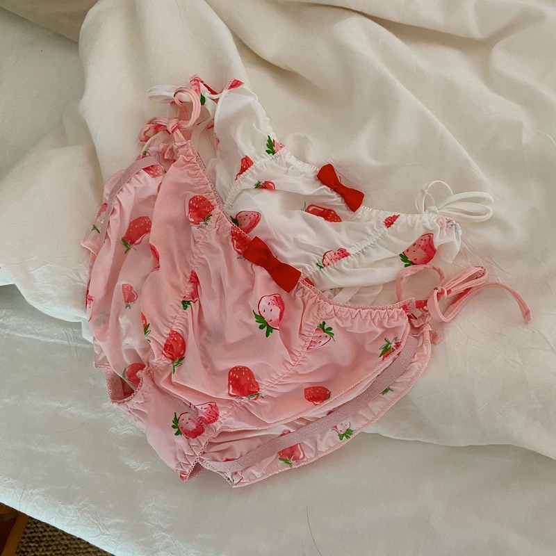 SP&CITY Strawberry Printed Cute Bow Sexy Women\'s Underwear Sweet Girl Milk Silk Breathable Panties Cotton Crotch Ruffle Briefs