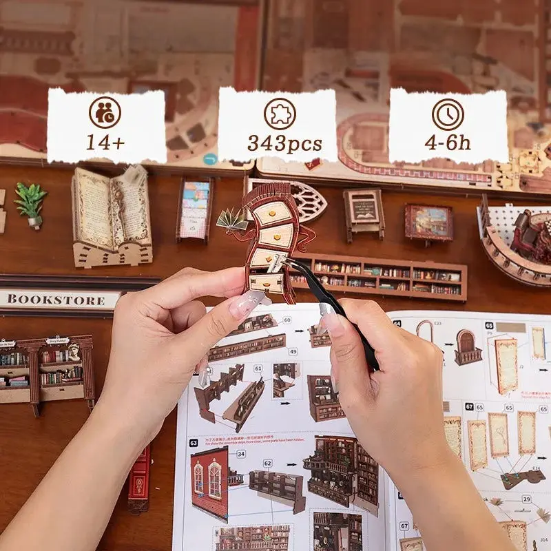 Thames Bookstore 3D DIY Miniature Kit - Creative Assembly Puzzle, Handmade Wooden Bookstore Decor Desktop Ornament Birthday Gift