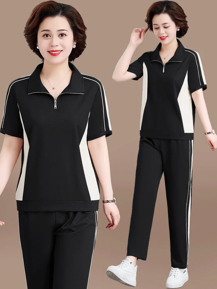 

Faionable Mommy Summer ort Sve T-irt Set Large Size Sportswear Mid-aged And ly Two-piece Set Ne Zipper