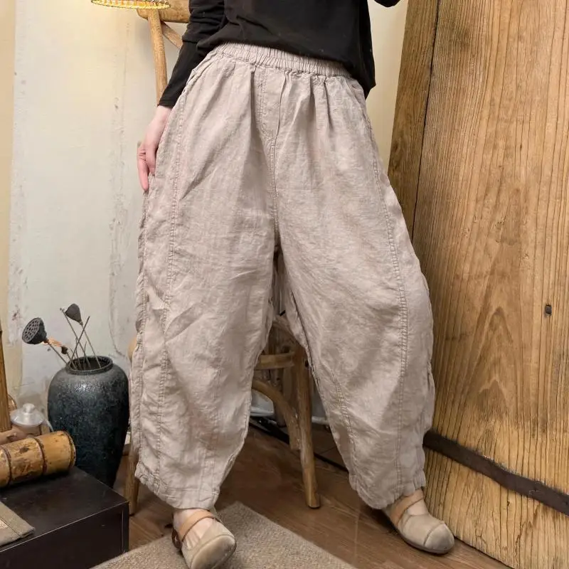 

Spring Summer Arts Style Women Elastic Waist Loose Casual Harem Pants Good Quality Cotton Linen Solid Ankle-length Pants TH115